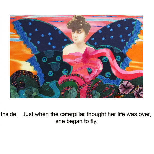 The image is of a fabric collage by Cat based on a French Belle Epoque postcard