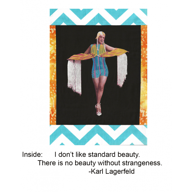 Folies Bergere dancer card with Lagerfeld quote