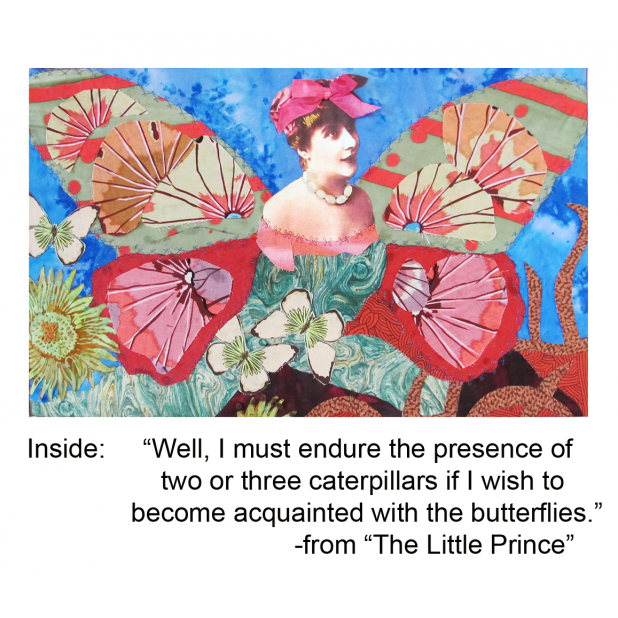The image is of a fabric collage by Cat based on a French Belle Epoque postcard