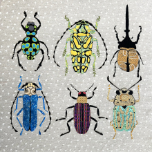 6 imaginary bugs, some fabrics are prints of Aboriginal art.  Many legs and ante