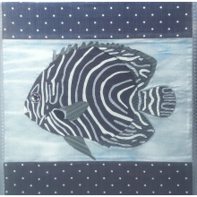 Fabric collage of illustrated fish. Original size 18" x 18"