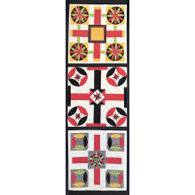 Fabric collage based on 3 vintage Parcheesi boards.  Original size 12" x 36"